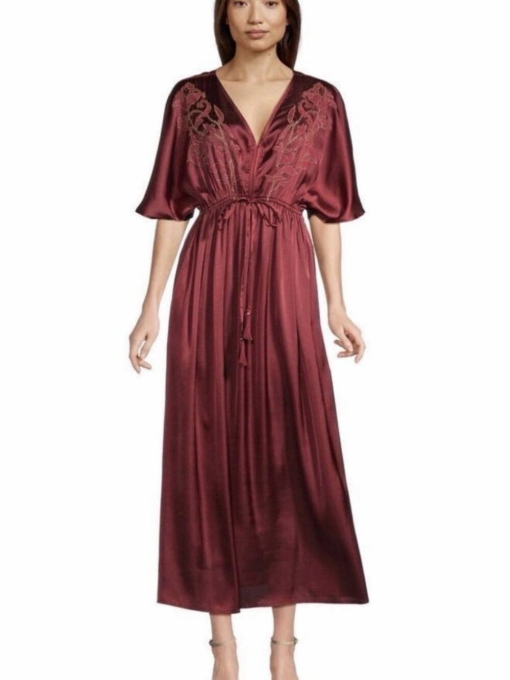 World Market Women’s Mira Wine Red Satin Floral Embroidered Kaftan Dress S/M